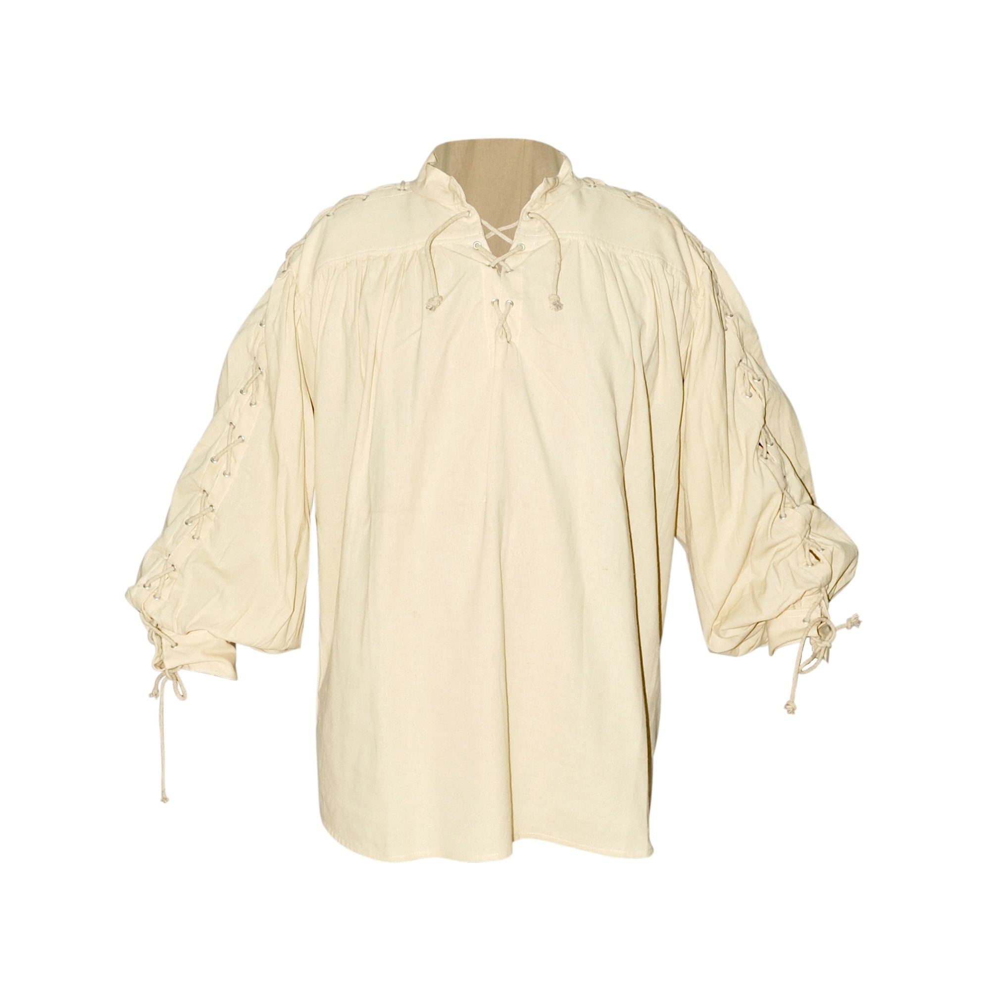 Cotton Shirt, Collarless, Laced Neck&Sleeves, Natural