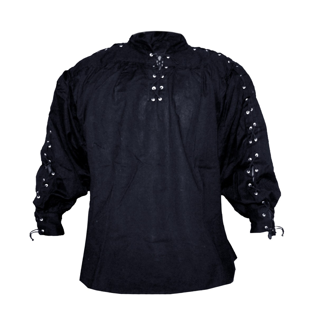 Cotton Shirt, Collarless, Laced Neck&Sleeves, Black