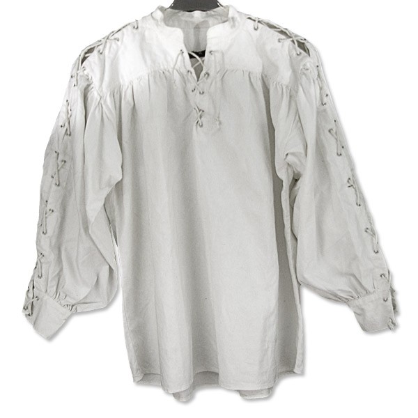 Cotton Shirt, Collarless, Laced Neck&Sleeves, White 